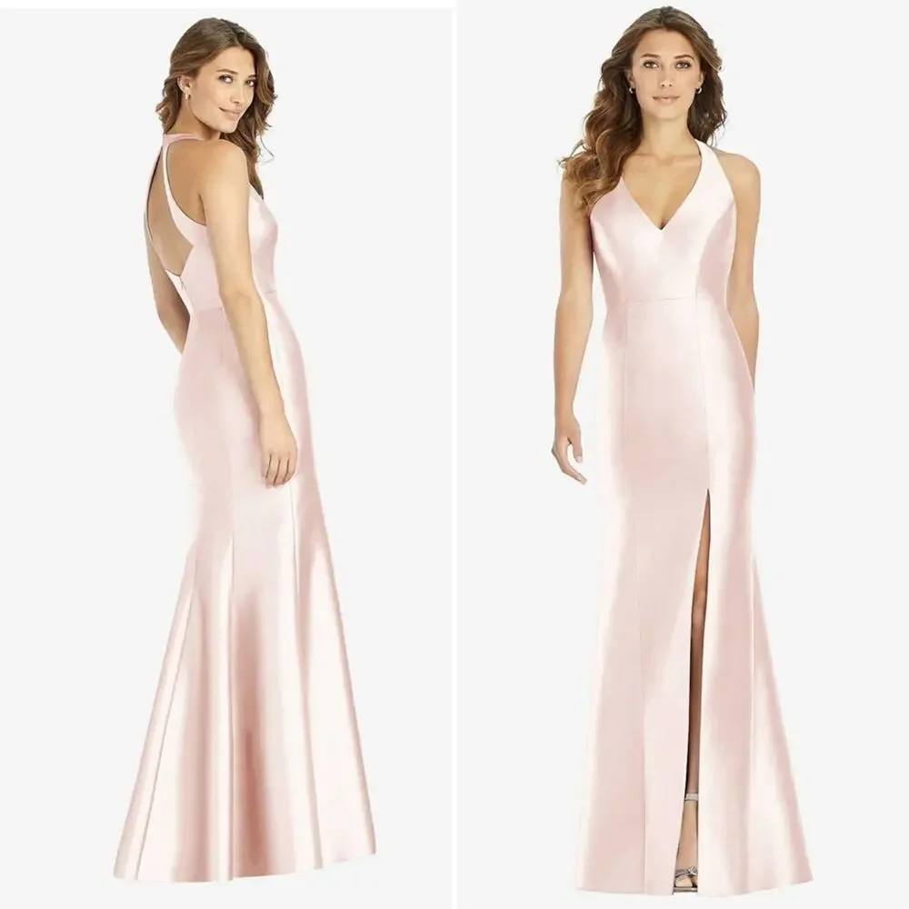 Alfred Sung V-Neck Halter Satin Trumpet Gown in Blush Pink Women's Size 16 $244 - Picture 1 of 8